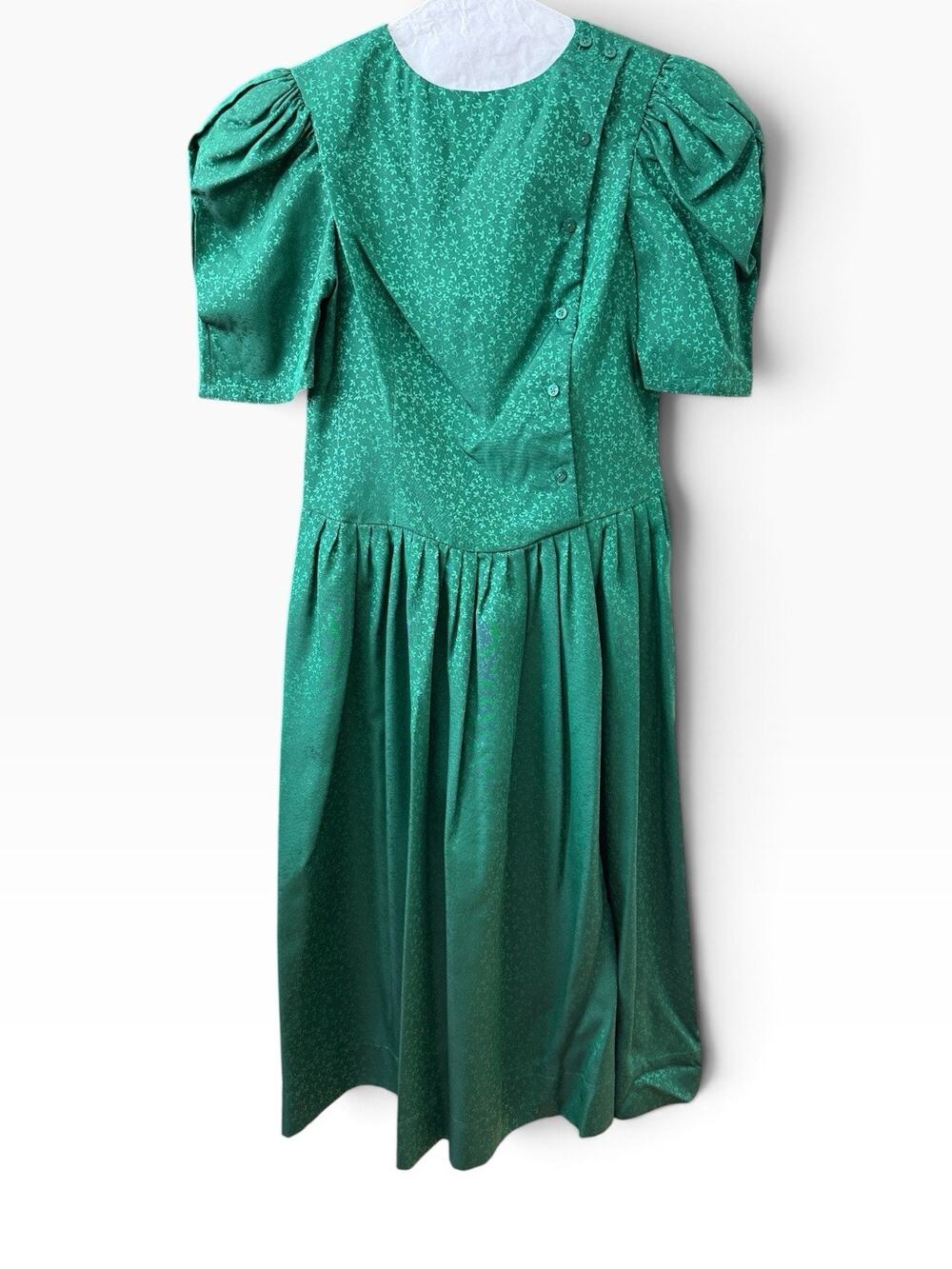 Vintage 80s Emerald Green Floral Jacquard Satin Puff Sleeve Midi Dress Size S